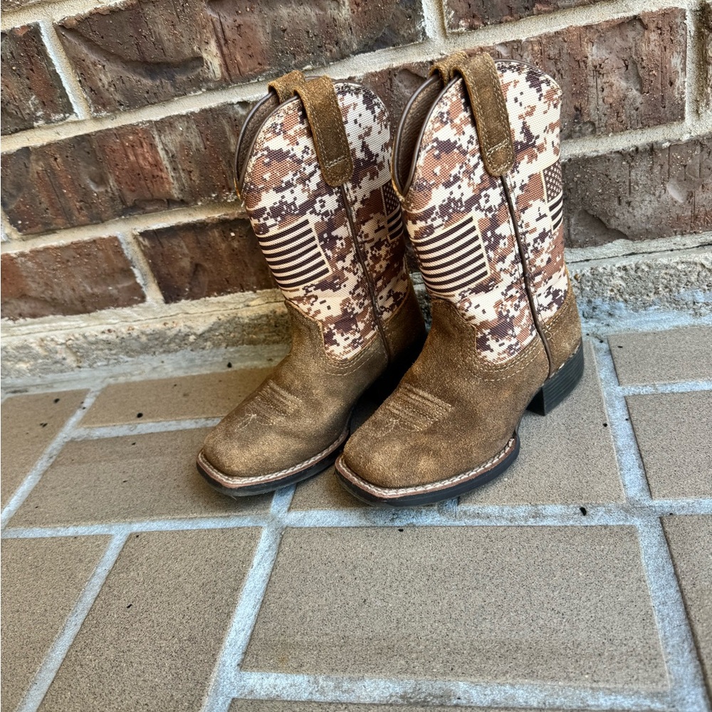 Brown Distressed Cowboy Boots with Digital Camo Shaft and Flag Detail